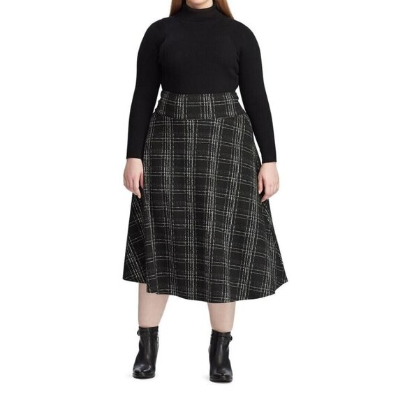 CHAPS Woman Ralph Lauren A Line Midi Skirt 4X Black Plaid Stretch Pull On NWT - Picture 1 of 9